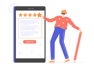 Feedback concept illustration. Man with a big pencil and smartphone with customer reviews. Guy gives a five-star rating. Vector flat design.