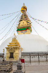 Stupa in Swayambhunath temple or Monkey temple in Kathmandu Valley (Nepal) - 307693028