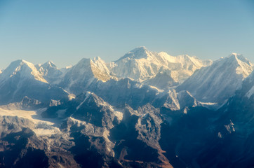 View of Everest peak in Himalaya Mountain Range from a plane (Nepal) - 307693084