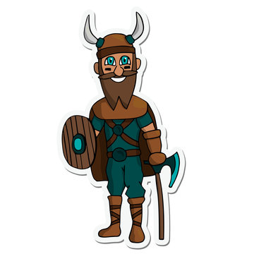 cartoon viking with ax, shield and beard sticker. White background isolated vector illustration