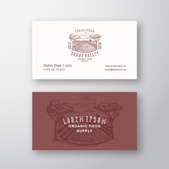 Countryside Valley Abstract Vector Sign or Logo and Business Card Template. Hand Drawn Rural Farm Landscape Sketch with Retro Typography. Premium Stationary Realistic Mock Up.