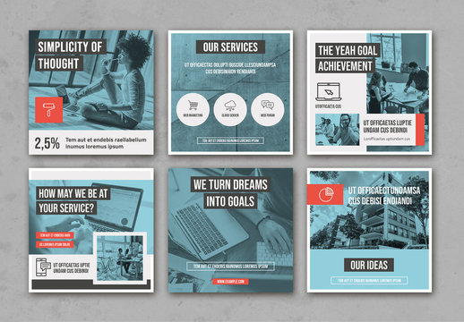 Pale Blue and Gray Social Media Layout Set with Red  Accents