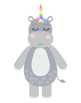 Cute sweet little hippo with a unicorn horn. Scandinavian style flat design. Concept for children print.