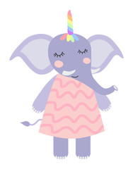 Hand draw illustration of a cute funny elephant with a unicorn horn. Scandinavian style flat design. Concept for children print.