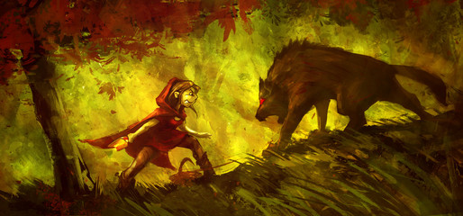 Little Red Riding Hood fighting with a wolf in the forest, funny color painting  © Roman