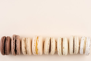 French Macaroons Cookies in Pastel Colors. Flat Lay with Copy Space