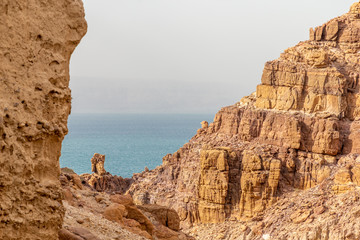 Hiking trail at the Wadi Mujib reserve. View of the Dead sea. Jordan