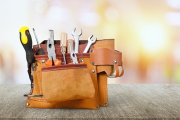 set of tools in tool box isolated at white background