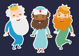 The three kings of orient, Melchior, Gaspard and Balthazar, on a blue background. Christmas vectors.