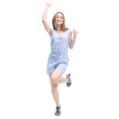 Woman in blue overalls fashion happiness dancing smiling on white background isolation