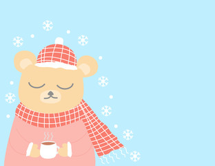 A bear is drinking coffee in the winter.Card for greeting on Christmas and New Year.