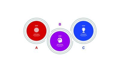 Simple infographic design template. Three connected circular elements business process concept. Vector illustration 
