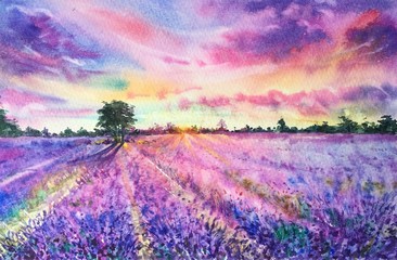 Obraz na płótnie Canvas Watercolor lavender field. Lavender field at sunset. Provence France Valensole Plateau. Violet, purple flowers. Horizontal view, copy-space. Template for designs, invitation, card, border, posters.
