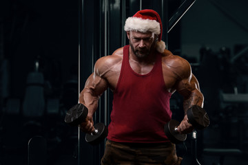 Bodybuilder in Santa Claus costume in the gym