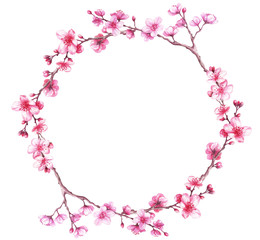 Naklejka na ściany i meble Watercolor frame wreath with cherry blossoms. Sakura.