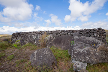Remains of stone structures along the northern coast of Easter Island. Easter Island, Chile