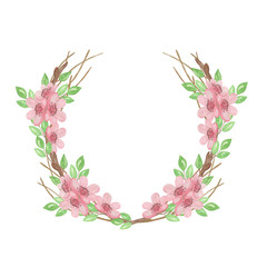 Fototapeta na wymiar A light pink cherry blossom flowers wreath, a little tree branch of tender flowers on the white background, simple hand drawn illustration