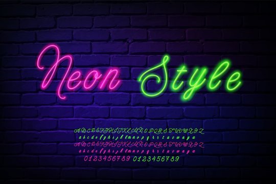 Glowing neon script alphabet. Red and green Neon font with uppercase and lowercase letters. Handwritten english alphabet with neon light effect