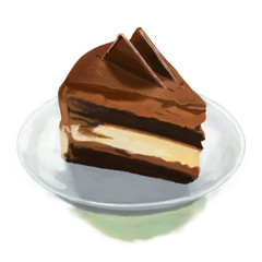 Watercolor chocolate cake drawing, hand drawn food illustration, slice of cake on a plate painting on white background, isolated graphical element