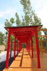 Wood buildings are in the park