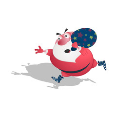 Santa Claus is running with a bag of gifts. Vector illustration on a white background. Cartoon caricature on the theme of the New Year and Christmas.