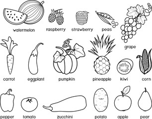 Coloring page. Big set of different fruits and vegetables