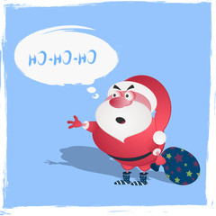 Santa Claus with a bag of gifts. Vector illustration on a colored stylized background. Cartoon caricature on the theme of the New Year and Christmas.