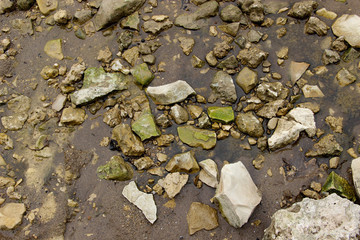 The riverside with wet stones on the sand and in water 