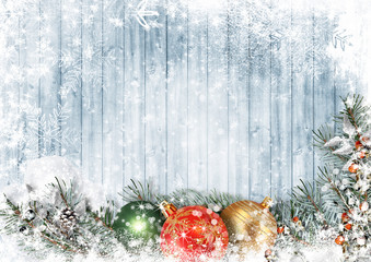 Christmas wood texture with garland with balls, snow and firtree