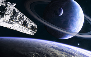 Planet with rings and satellites. Space station in orbit of deep space planet. Science fiction....