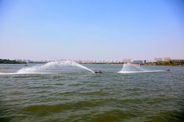 motorboat stunts on water, Tangshan City, Hebei, China