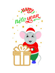 Cute mouse in a Christmas hat with a gingerbread as a gift. Christmas illustration with hand lettering and a mouse in a sweater. Happy new year of the rat. Design in flat style. Christmas cookies