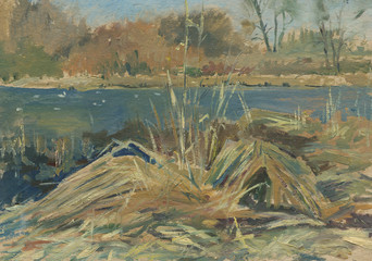 reeds by the lake painting