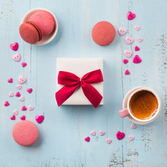 Coffee, macaroons and handmade wrapped gift box