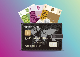 Credit card wallet with euro banknotes and coins, credit card template. World map on background.