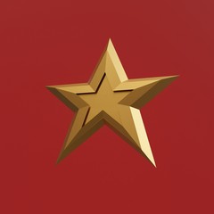Fototapeta premium Gold metallic Christmas star on a red background. Xmas decoration concept. 3d render illustration