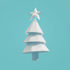 Fototapeta premium White christmas geometric pine tree on a blue background. Winter and xmas concept. 3D render illustration