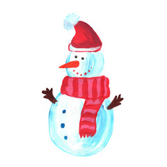 Cute hand draw snowman was decorated with Christmas hat. Christmas illustration