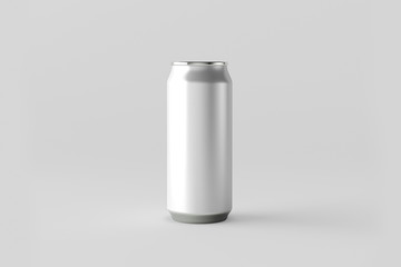 Blank silver Soda Can Mock up on light gray background. Tin package of beer or drink.3D rendering 