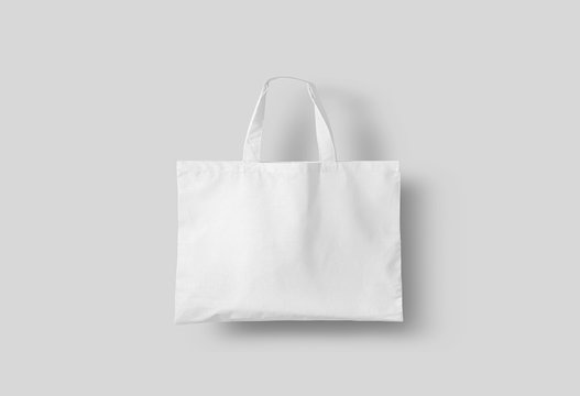 Tote Bag Canvas Fabric Cloth Shopping Sack Mock Up Blank Template Isolated On Light Gray Background.3D Rendering.