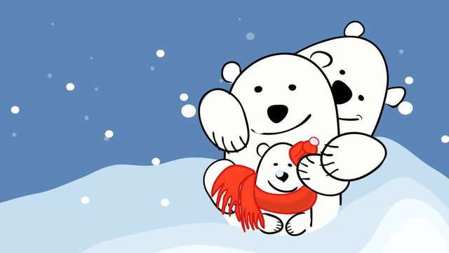 video footage with graphic animation happy family of three polar bears in a winter landscape. together warmer when it snows