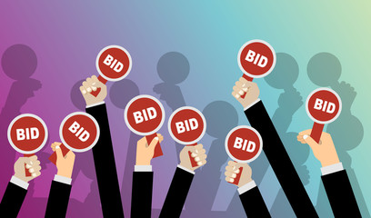 Hands holding auction paddle. Flat vector illustration.