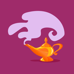 Vector aladdin gold yellow iron lamp with smoke,oil lamp, cartoon flat vactor illustration