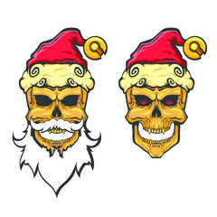 Christmas scary golden skull with santa hat and beard, mustache, vector illustration isolated on white background, hand drawn sketch illustration emblem