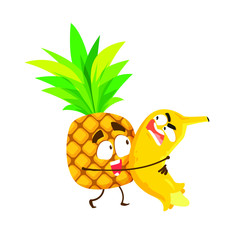 Cartoon flat lovely characters of pineapple and banana, vector illustration, fruits hugs