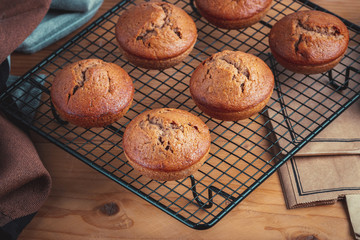 Homemade fresh banana and chocolate muffins on cooling rack.