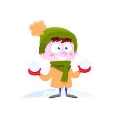 Cartoon flat boy with snowballs, winter clothes, vector funny and cute boy, illustration isolated on white background, happy character of kid