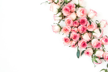 Flat lay rose flower buds. Top view minimal floral composition.