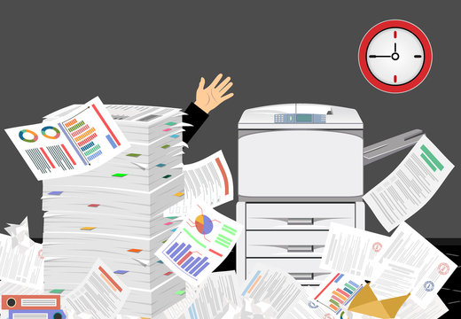 Businessman in pile of papers. Office multifunction machine. Paperwork, overwork, office. Printer copy scanner device. Proffesional printing station. illustration flat style