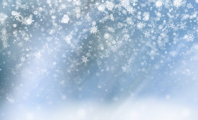 Blue abstract background with white snowflakes winter and bokeh stars blurred beautiful shiny light, use illustration Christmas new year wallpaper backdrop and texture your product.